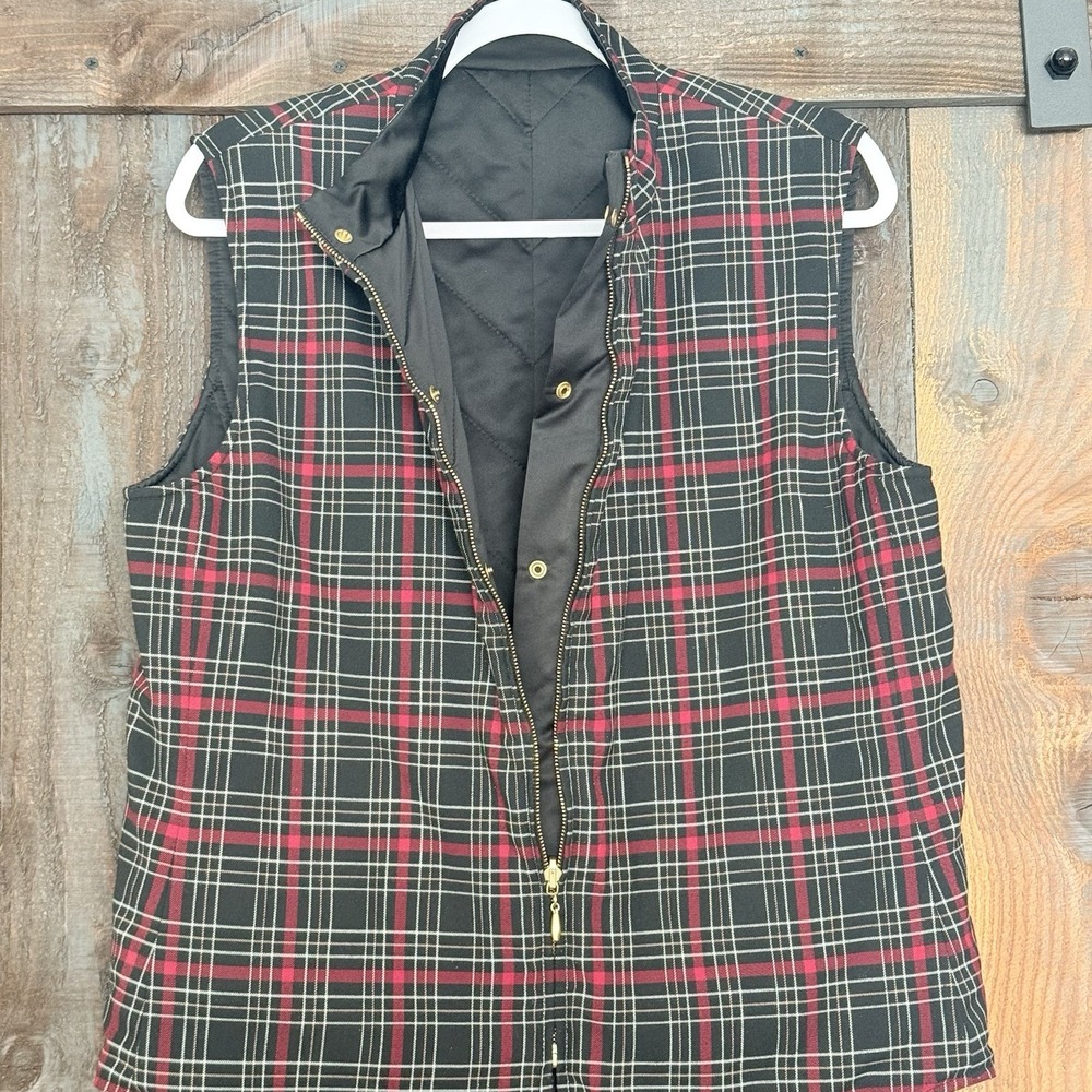 St. John Sport Women's Reversible Full Zip Vest Red Plaid Black Size Large